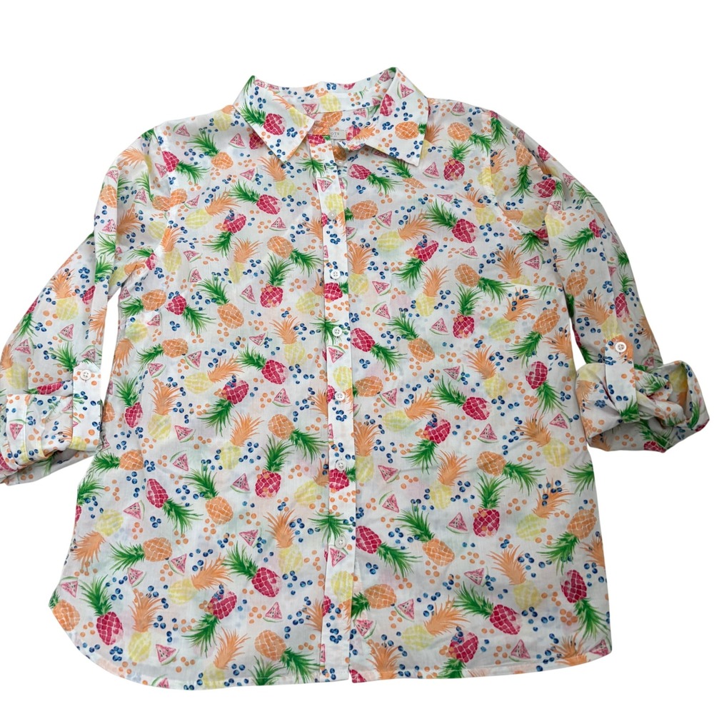 Talbots Petites Pineapple Watermelon Fruit Print Cotton Button Down Shirt SP
